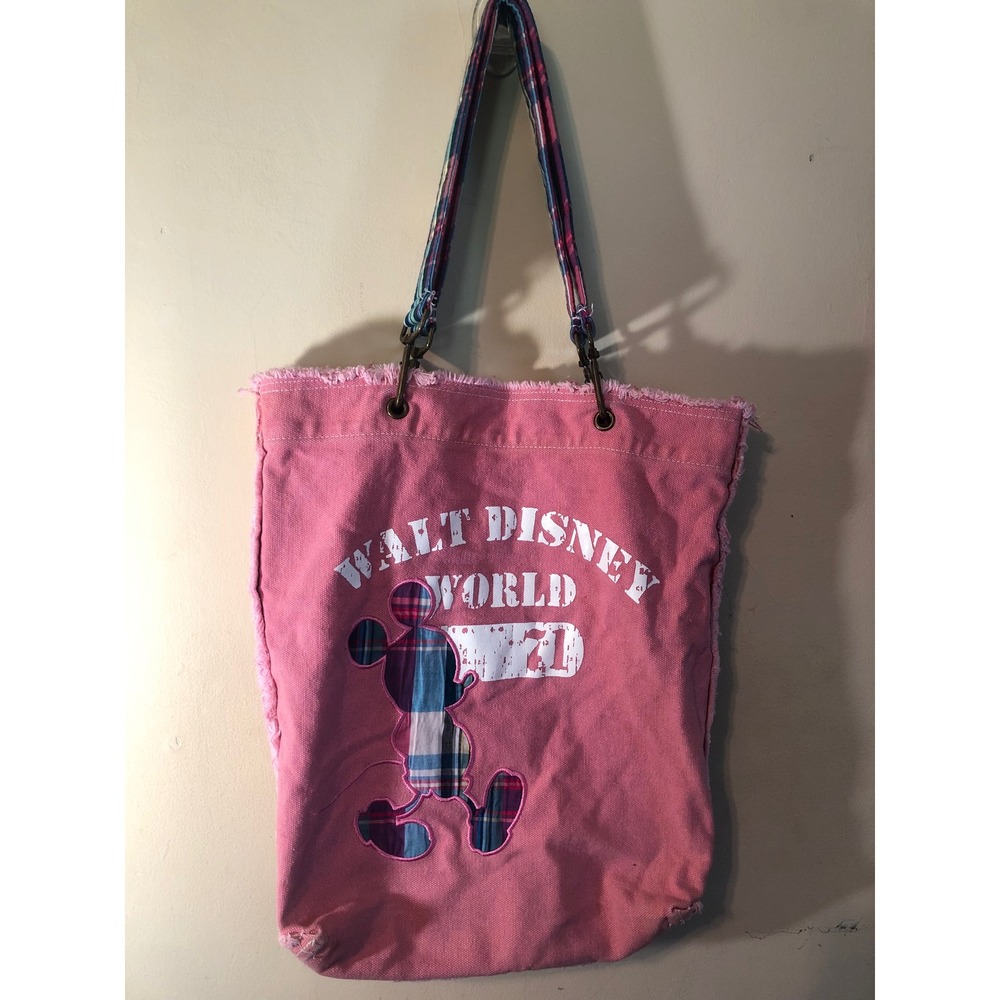 Walt Disney World Mickey Mouse Pink Canvas Tote Bag Plaid Patchwork Distressed*